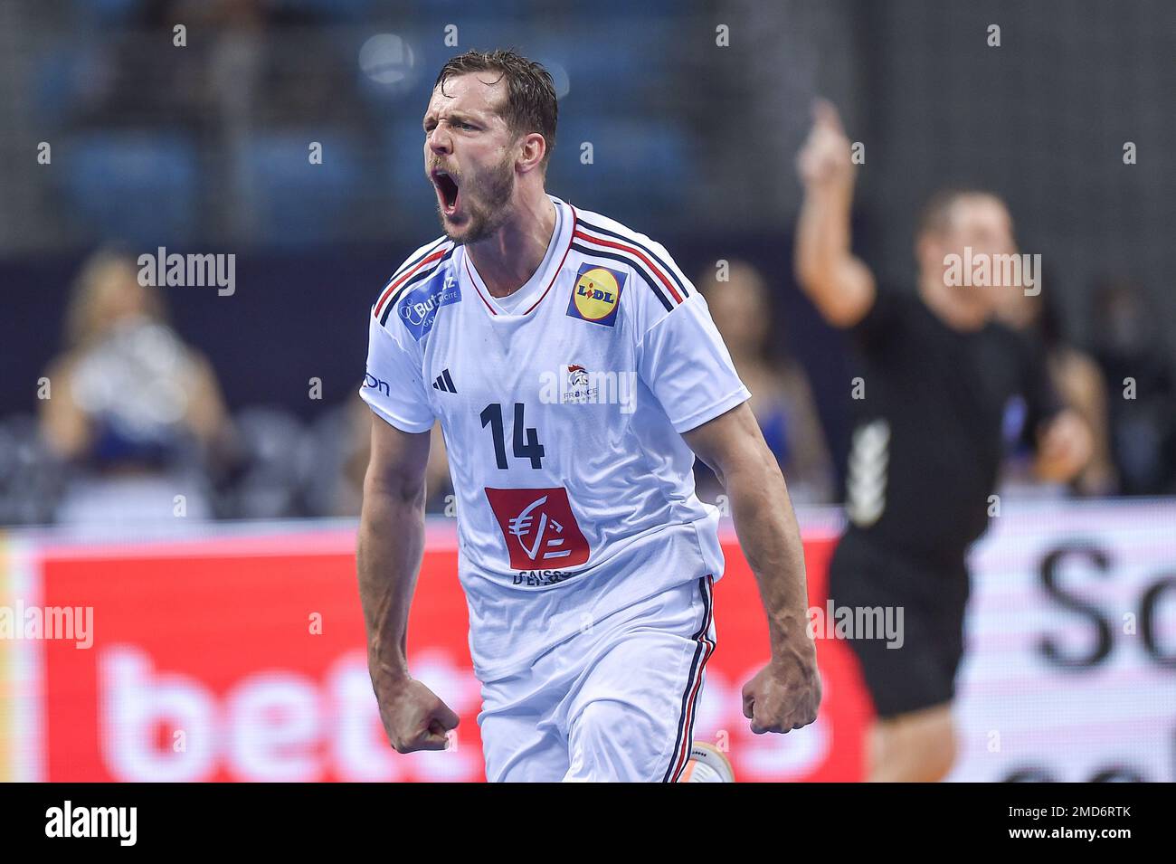 Cracovia, Polonia. 22nd Jan, 2023. Kentin Mahe, radosc durante la partita del Campionato del mondo IHF MenÕs tra Spagna e Francia il 22 gennaio 2023 a Cracovia, Polonia. (Foto di PressFocus/Sipa USA) Credit: Sipa USA/Alamy Live News Foto Stock