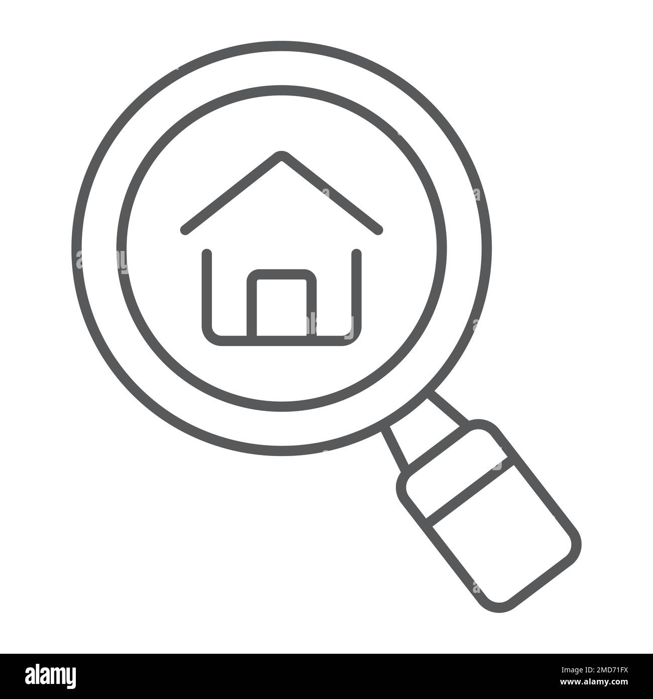 Trova l'icona della linea sottile dell'azienda del bene immobile, il bene immobile e la casa, la grafica del vettore di segno della casa di ricerca, un modello lineare su uno sfondo bianco, eps 10. Illustrazione Vettoriale