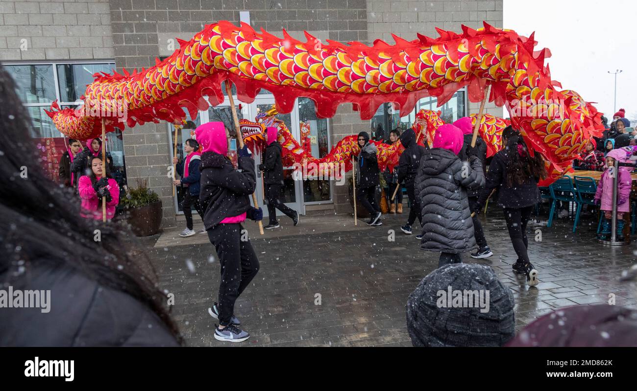 Detroit, Michigan, Stati Uniti. 22nd Jan, 2023. L'Organizzazione americana taiwanese del Michigan celebra il Capodanno lunare con una sfilata, una danza dei leoni e una danza dei draghi al Valade Park. Credit: Jim West/Alamy Live News Foto Stock
