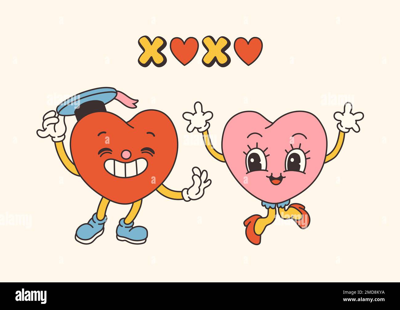 Retro Groovy San Valentino personaggi con slogan sull'amore. Stile cartoon 70s alla moda. Cartolina, cartolina, vettore di stampa Illustrazione Vettoriale
