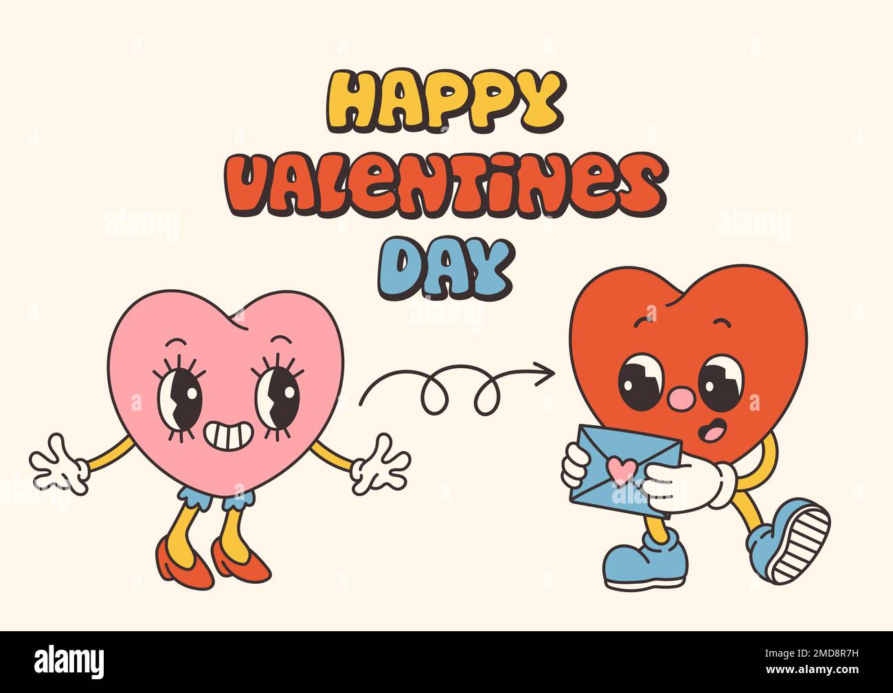 Retro Groovy San Valentino personaggi con slogan sull'amore. Stile cartoon 70s alla moda. Cartolina, cartolina, vettore di stampa Illustrazione Vettoriale