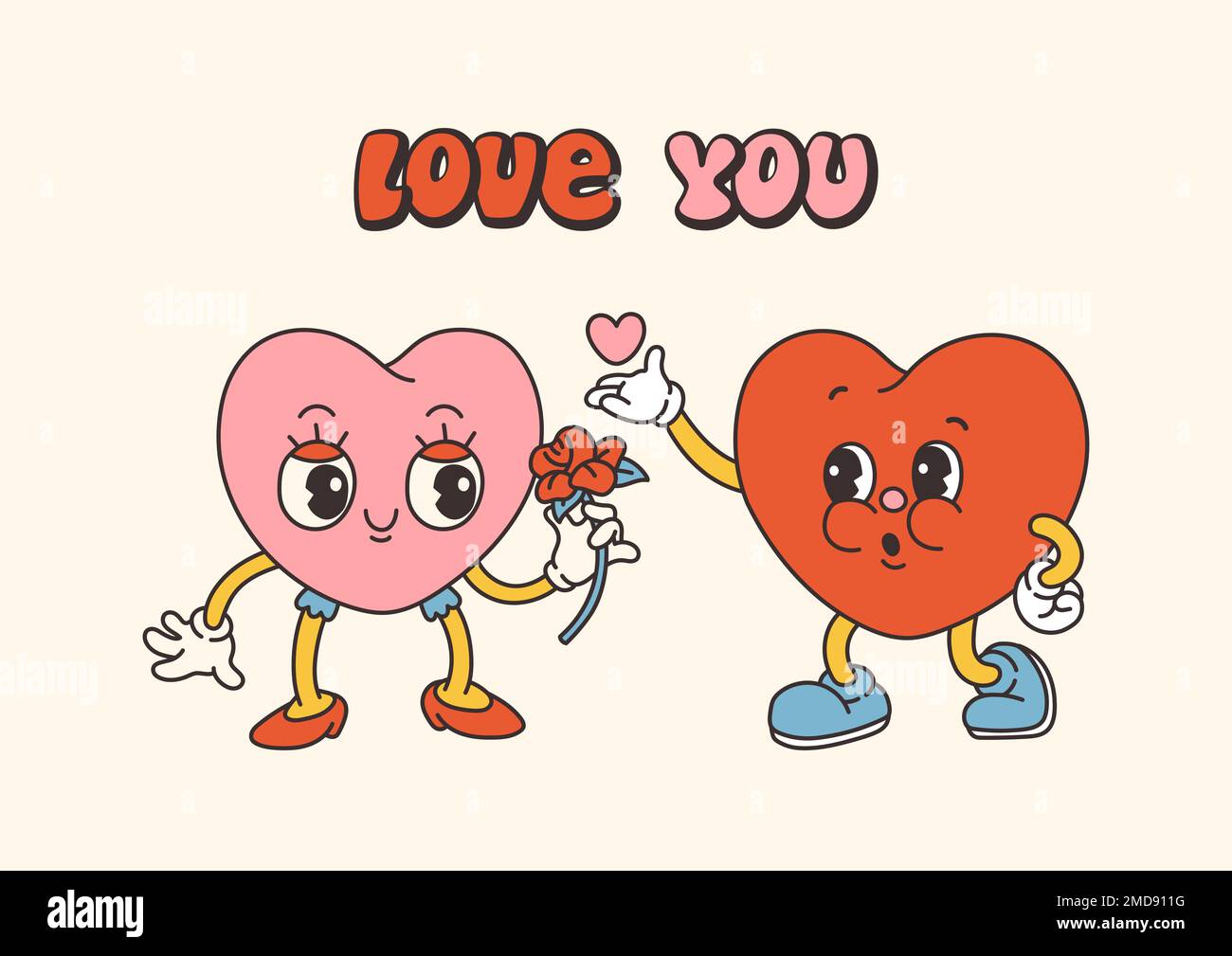 Retro Groovy San Valentino personaggi con slogan sull'amore. Stile cartoon 70s alla moda. Cartolina, cartolina, vettore di stampa Illustrazione Vettoriale