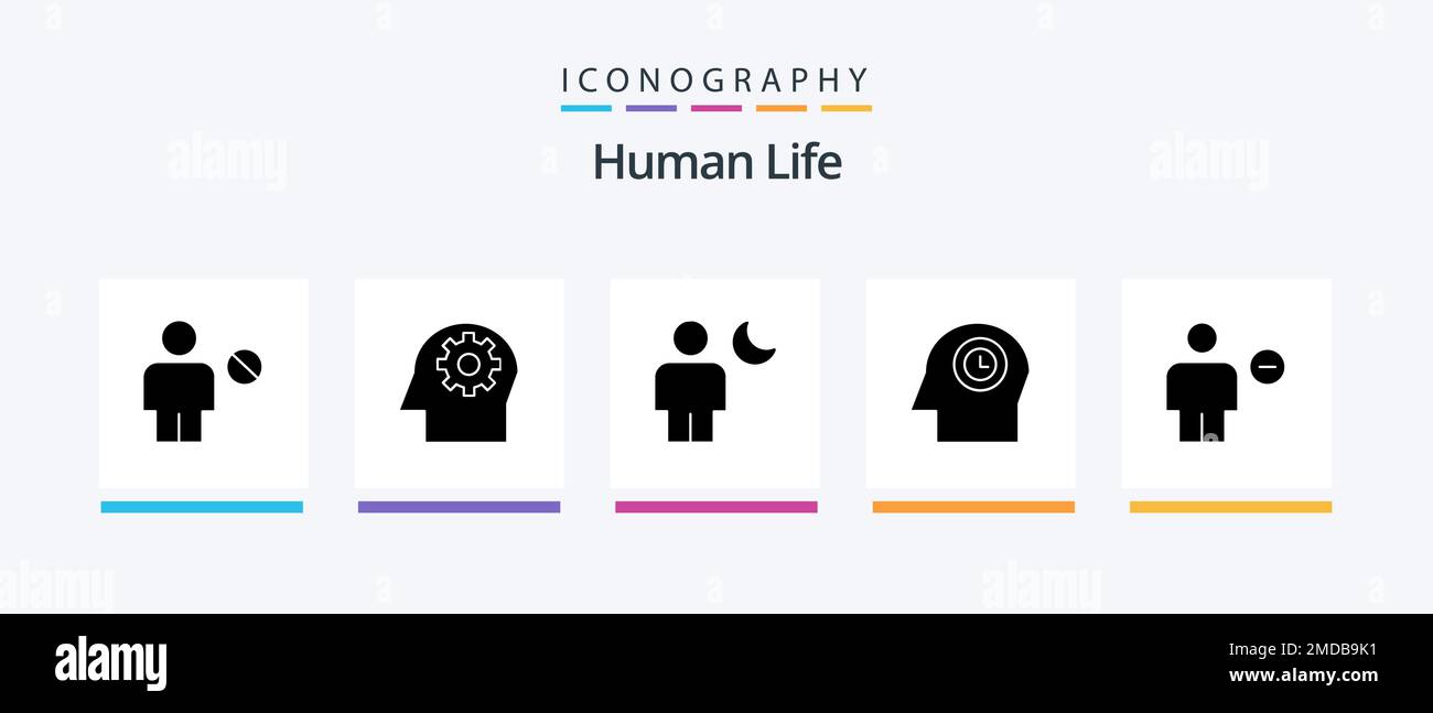 Confezione icone Human Glyph 5 con corpo incluso. tempo. avatar. testa. notte. Icone creative Design Illustrazione Vettoriale