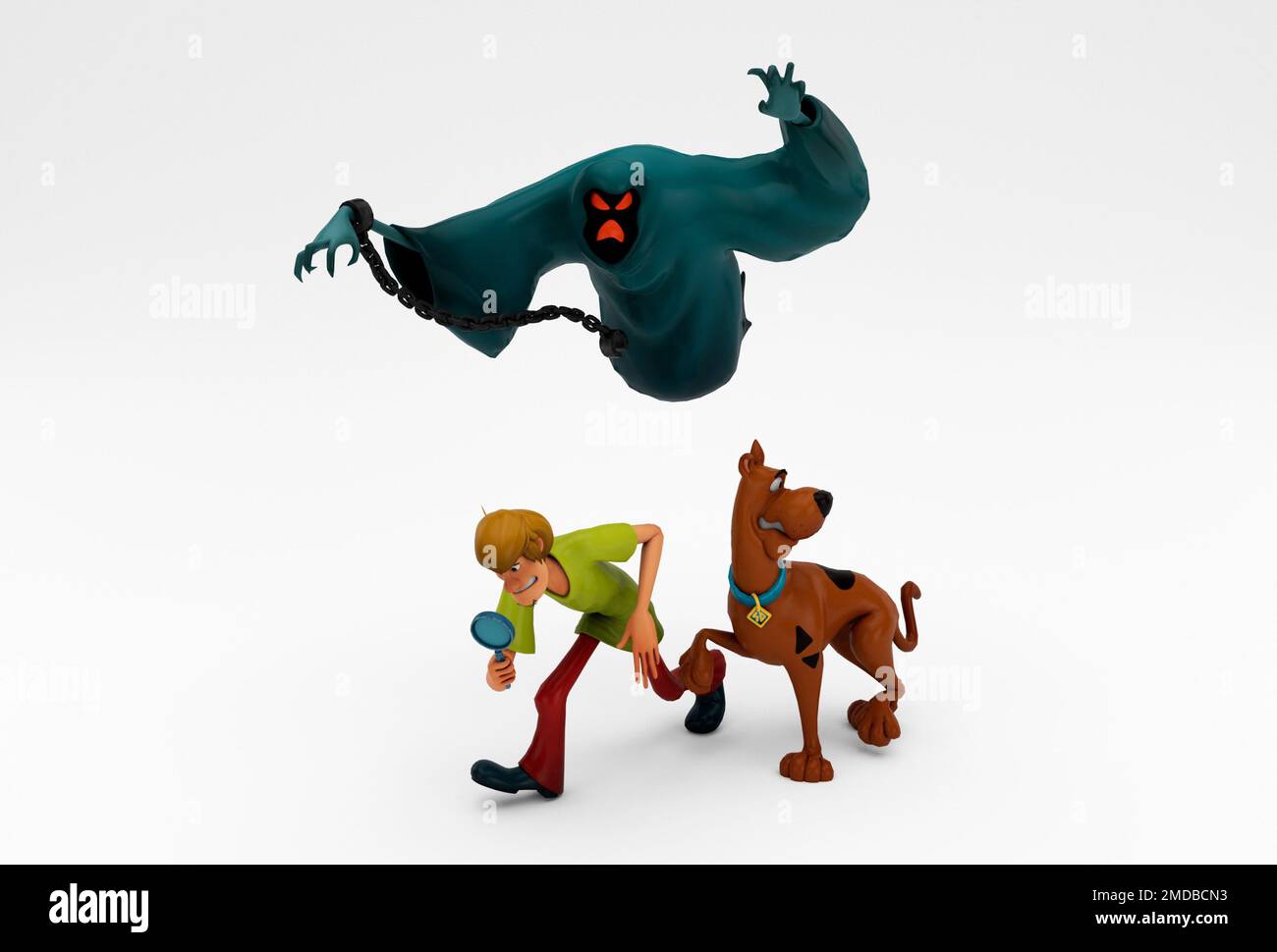 personaggio shaggy con immagine fantasma e cane 3d rendering minimo su sfondo bianco. Foto Stock