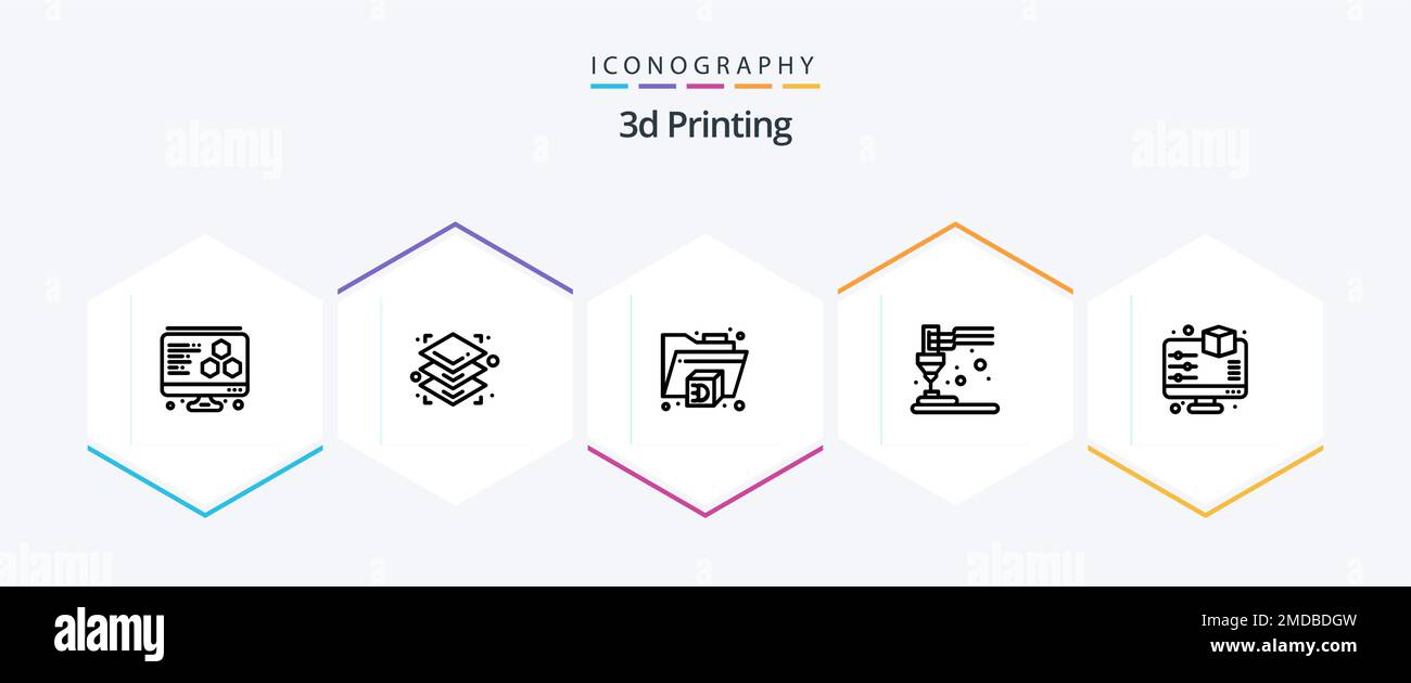 3D Stampa di un pacchetto di icone a 25 righe con anteprima. display. stampante. 3d. plastica Illustrazione Vettoriale