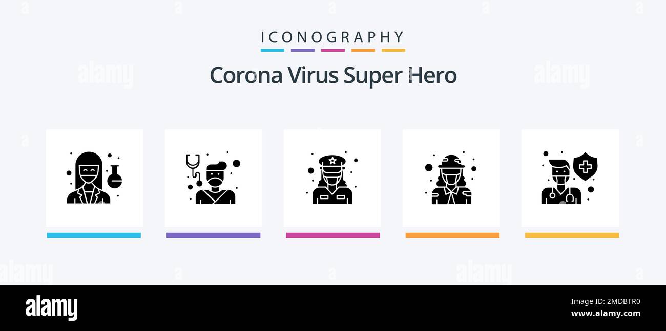 Corona Virus Super Hero Glyph 5 Icon Pack inclusa la protezione. militare. forza. militare. esercito. Icone creative Design Illustrazione Vettoriale