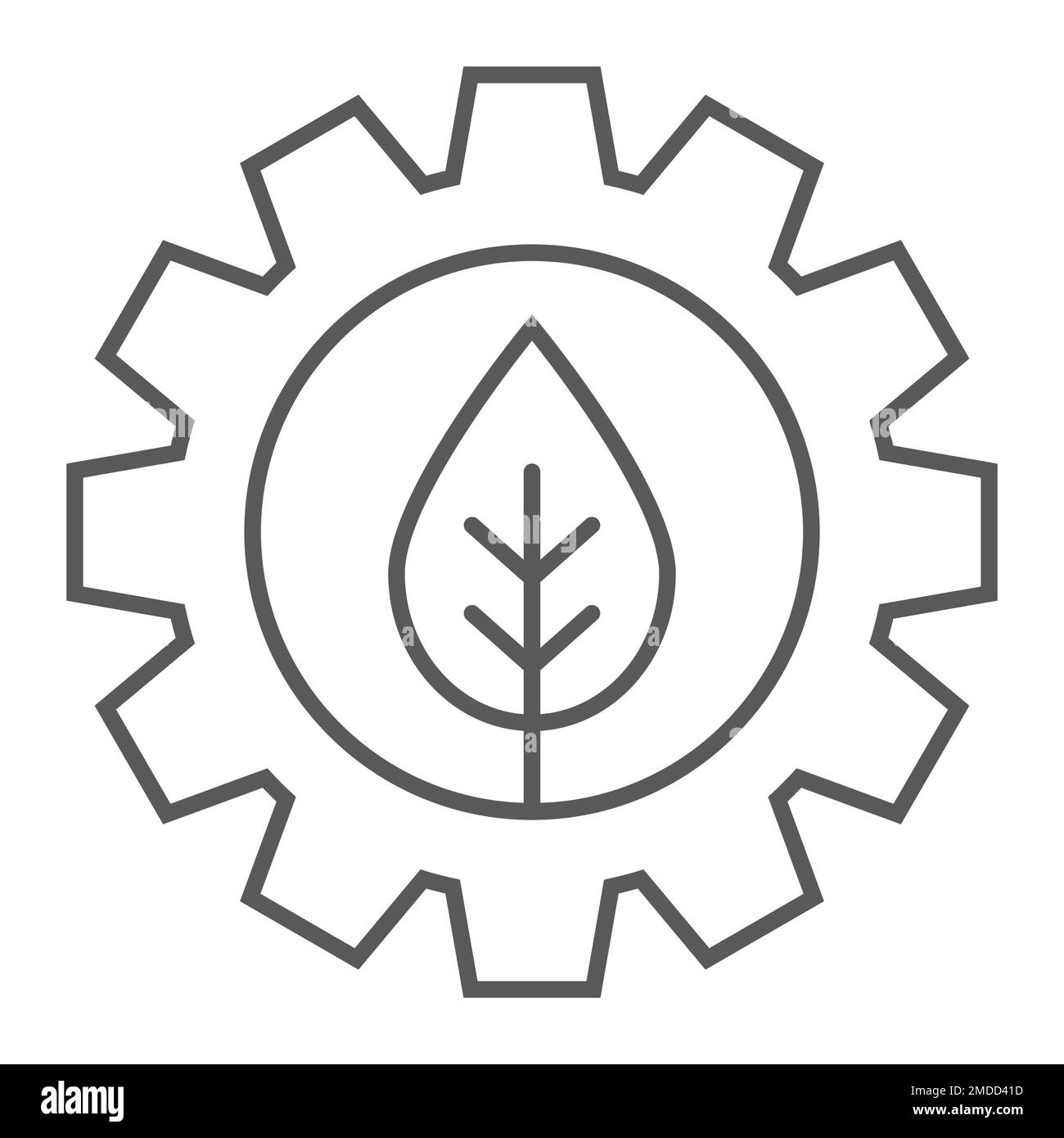 Icona con linea sottile foglia in ingranaggio, lampada ecologica ed energia, segno verde tecnologico, grafica vettoriale, motivo lineare su sfondo bianco, eps 10. Illustrazione Vettoriale