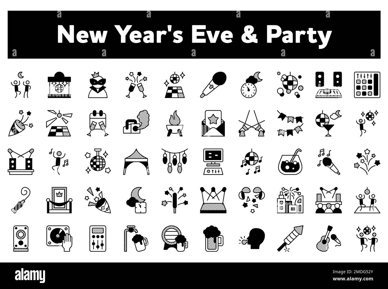 Un'illustrazione vettoriale di un pacchetto di icone a tema 'Capodanno' isolate sullo sfondo bianco vuoto Illustrazione Vettoriale Un'illustrazione vettoriale di un pacchetto di icone a tema 'Capodanno' isolate sullo sfondo bianco vuoto Illustrazione Vettoriale