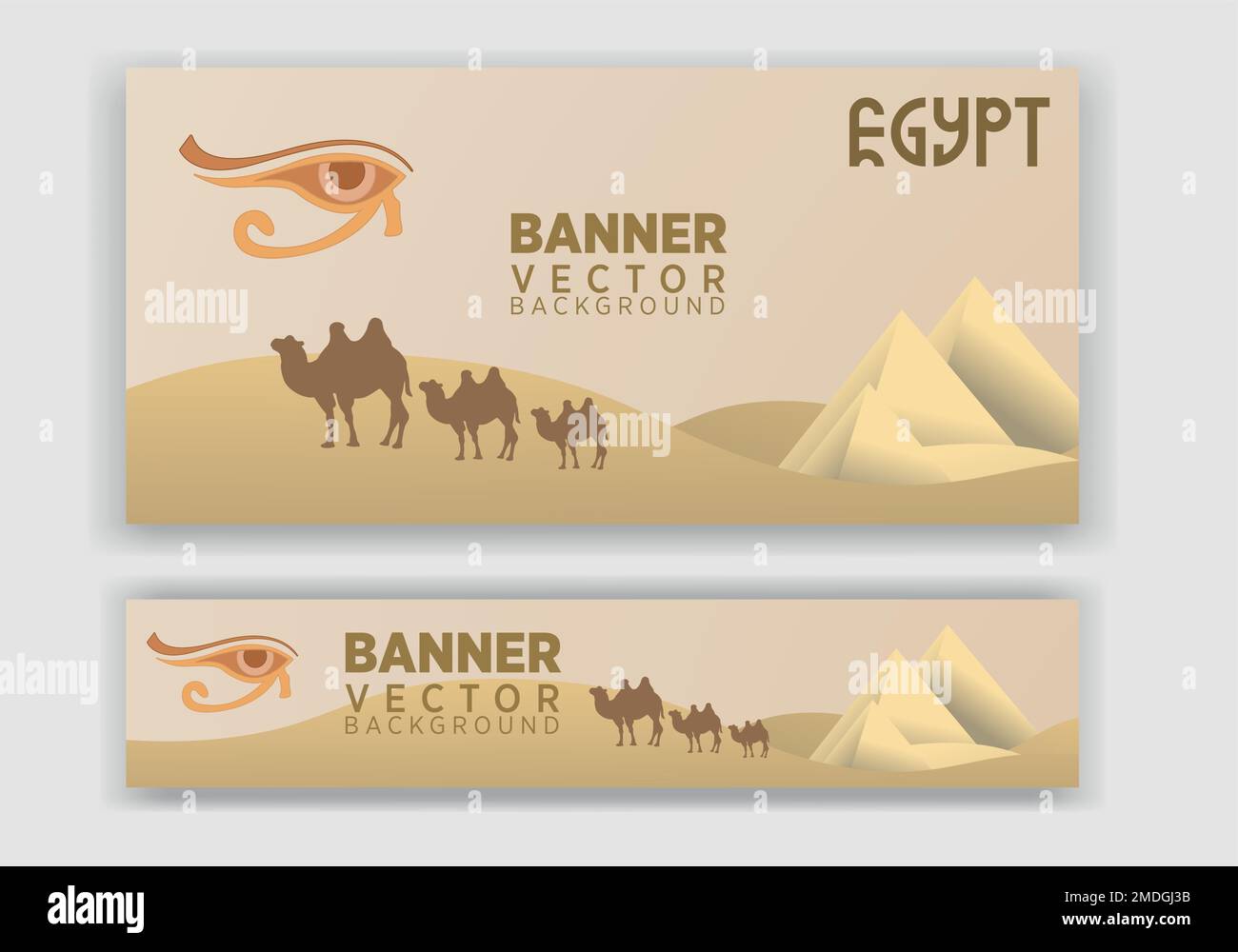 Grafica vettoriale astratta Egitto Banner. Modello vettoriale per banner orizzontale con occhio di orus, cammelli e piramidi, design astratto. Illustrazione Vettoriale