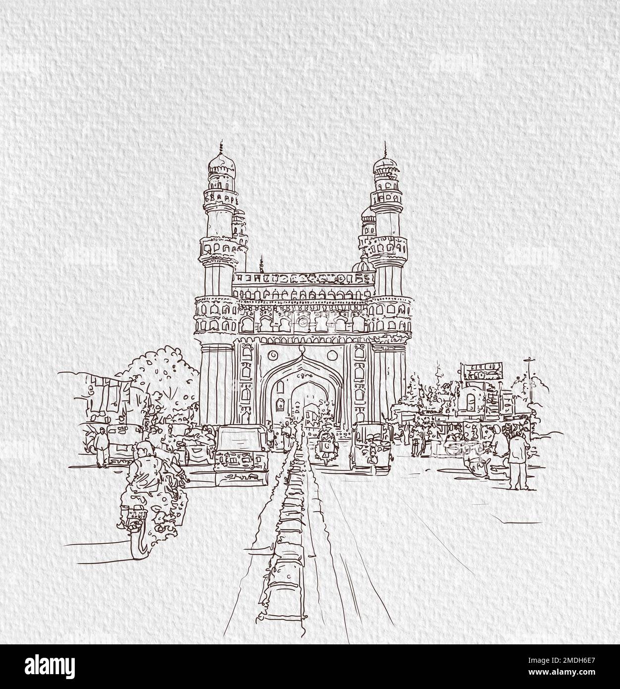 Charminar Hyderabad India, illustrazione o schizzo, illustrazione disegnata a mano, illustrazione asiatica, illustrazione della linea di Hyderabad City, CITTÀ DI HYDERABAD . Foto Stock