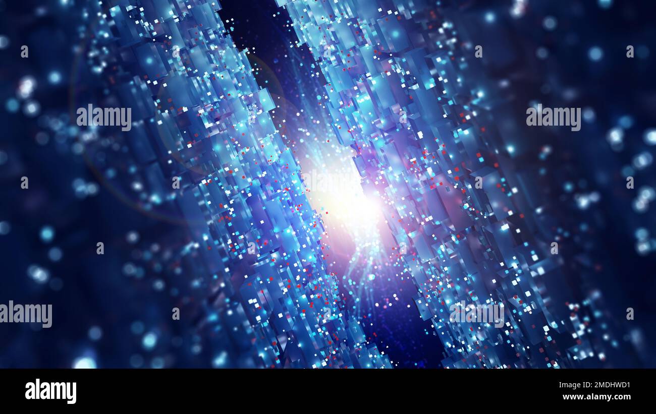Blockchain, background high-tech e cluster di informazioni. Il concetto Bigdata del cyberspazio digitale. Illustrazione di Quantum Architecture 3D Foto Stock