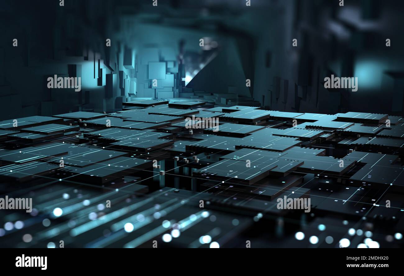 Cyber cave, palcoscenico per le prestazioni, palcoscenico nello spazio digitale. Blocchi di informazioni in forme architettoniche astratte. Illustrazione High TECH 3D Foto Stock