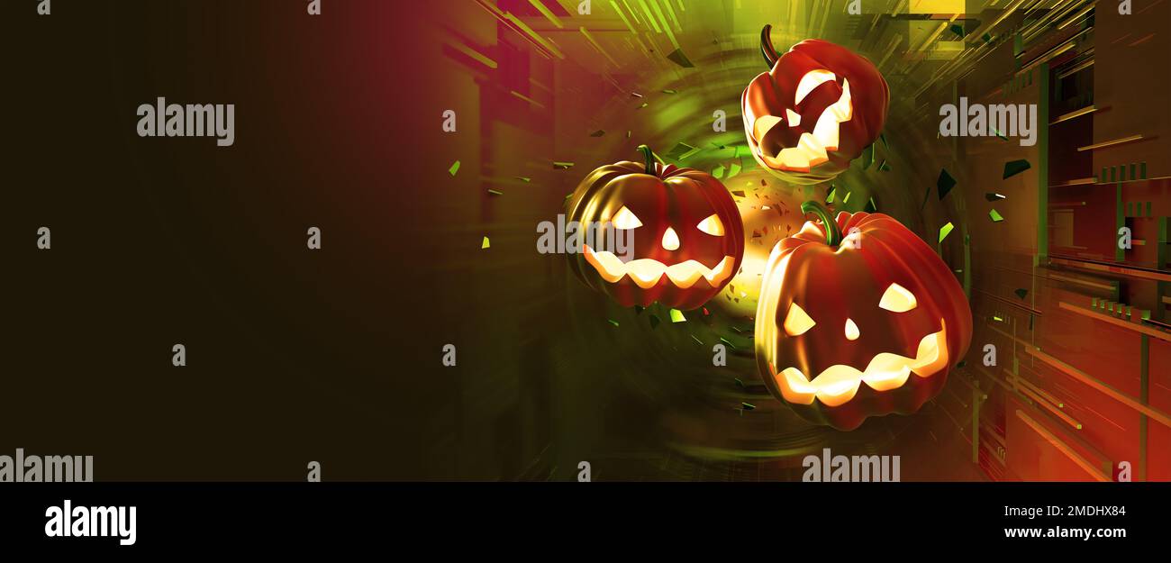 Halloween. Jack Pumpkinhead, tutti i santi notte. Party in stile cyberpunk. Portale infernale, breakout fantasma. illustrazione 3d Foto Stock