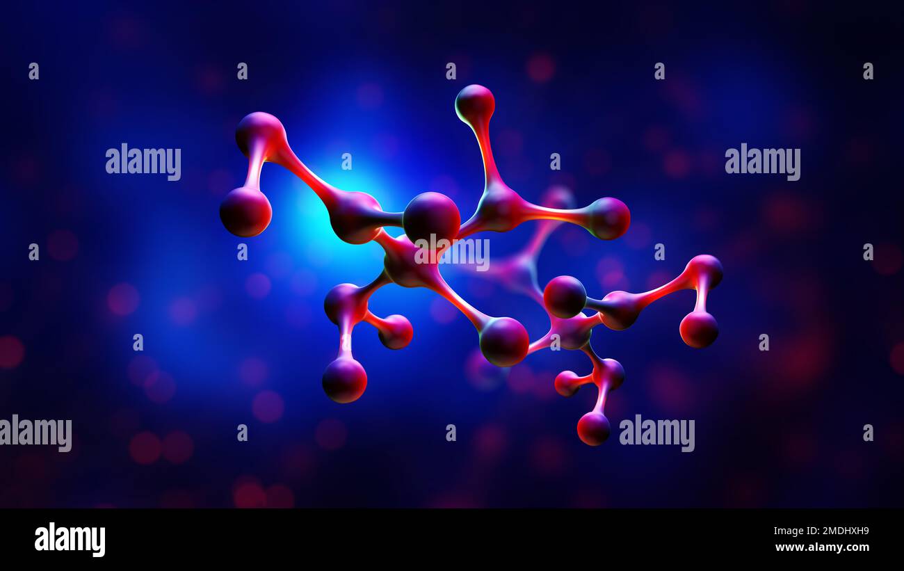 Illustrazione della molecola 3D. Biologia, chimica, medicina background scientifico. Studi sui legami atomici con un microscopio all'interno del corpo. Nanotecnologia e S Foto Stock