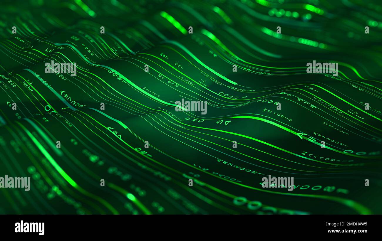 Big data flow, settore dell'innovazione dell'informazione, cyber wave digitale, informazioni codificate, codice attuale. Linee ondulate e colori diversi 3D illustrazione Foto Stock