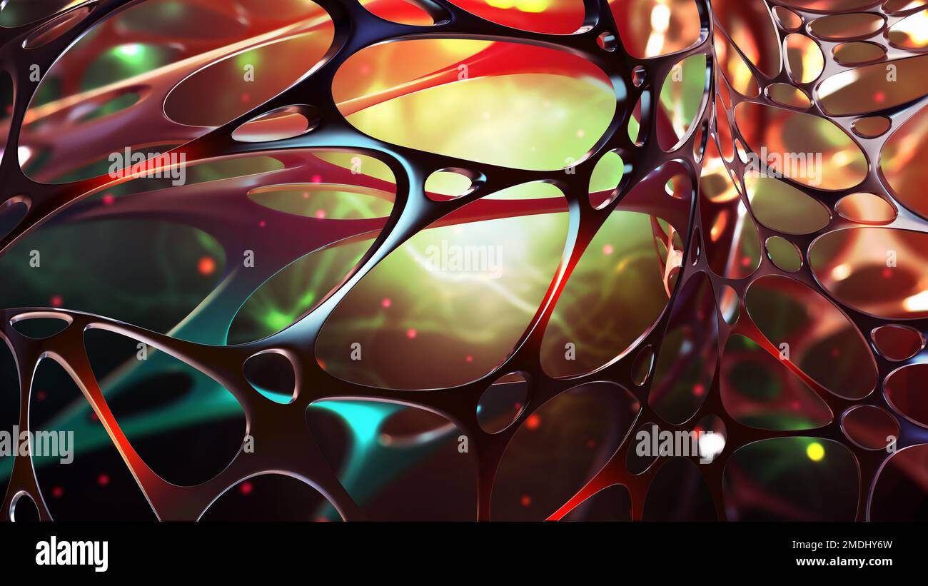 Illustrazione Sci-fi 3D astratta. Neuroni connessi, impulsi elettrici. Rete neurale profonda artificiale. Struttura sintetica del tessuto connettivo. Comput Foto Stock