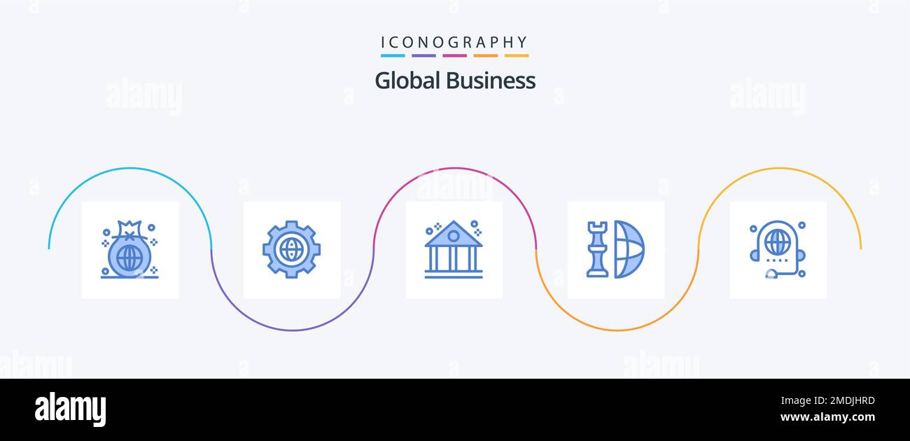 Pacchetto icone Global Business Blue 5 con piano incluso. internazionale. sviluppo. globale. finanza Illustrazione Vettoriale