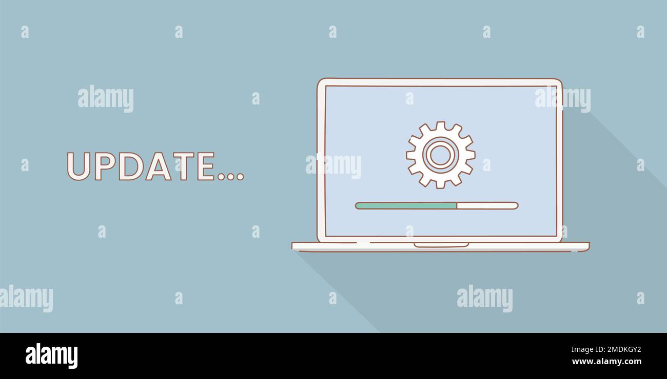 software di aggiornamento online per computer laptop concept con contorno o linea e semplice stile semplice illustrazione vettoriale Foto Stock