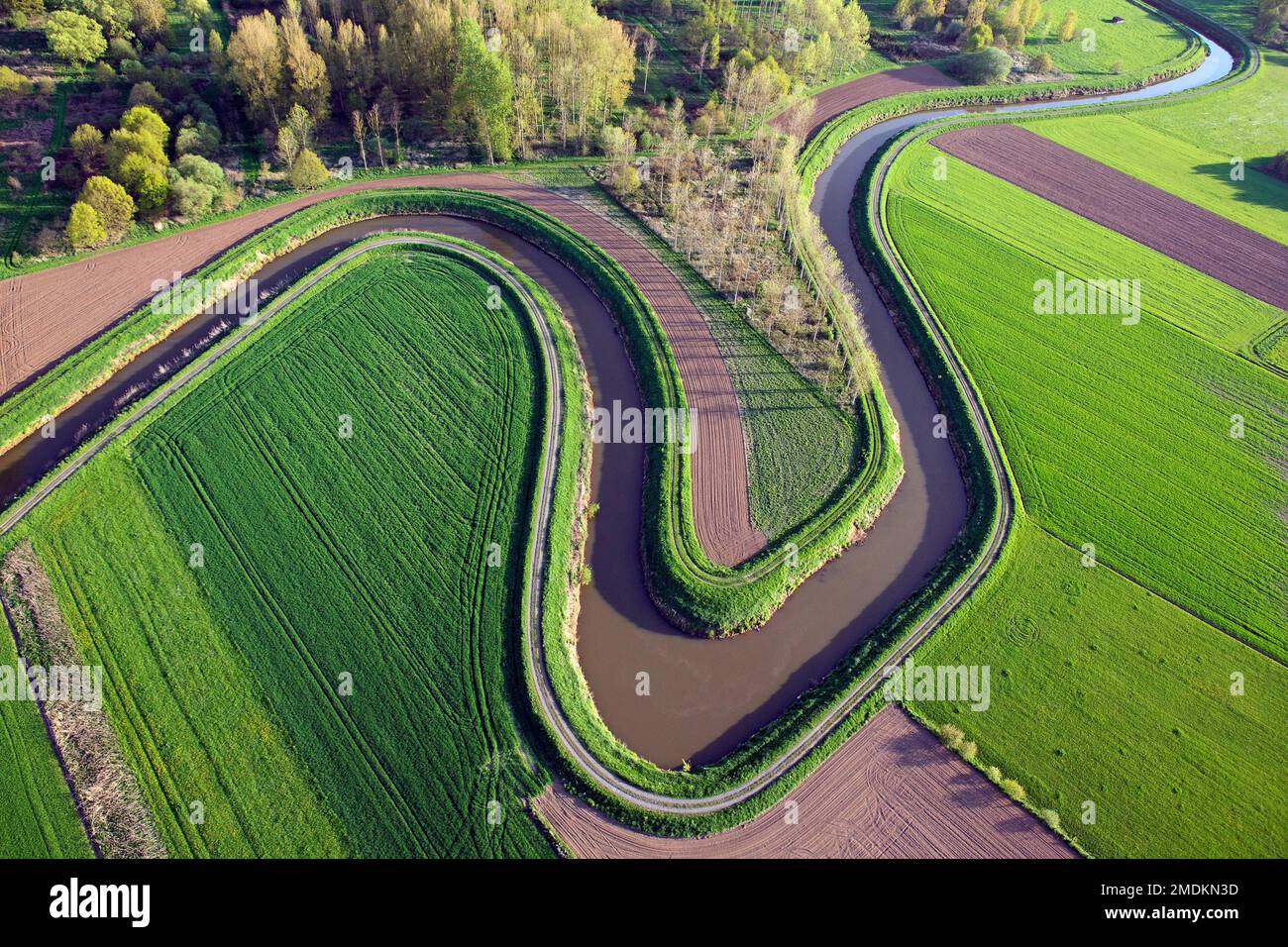 Banda fluviale del Demer, vista aerea, Belgio, Vlaams-Brabant, Demerbroeken, Zichem Foto Stock