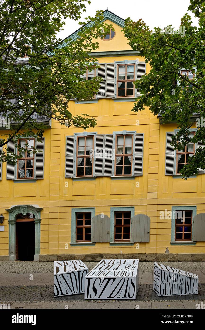 Progetto "Language Explosion 2022" di fronte alla casa di Friedrich Schiller, Schiller-Haus, Klassik Stiftung Weimar, Germania, Thueringen, Weimar Foto Stock