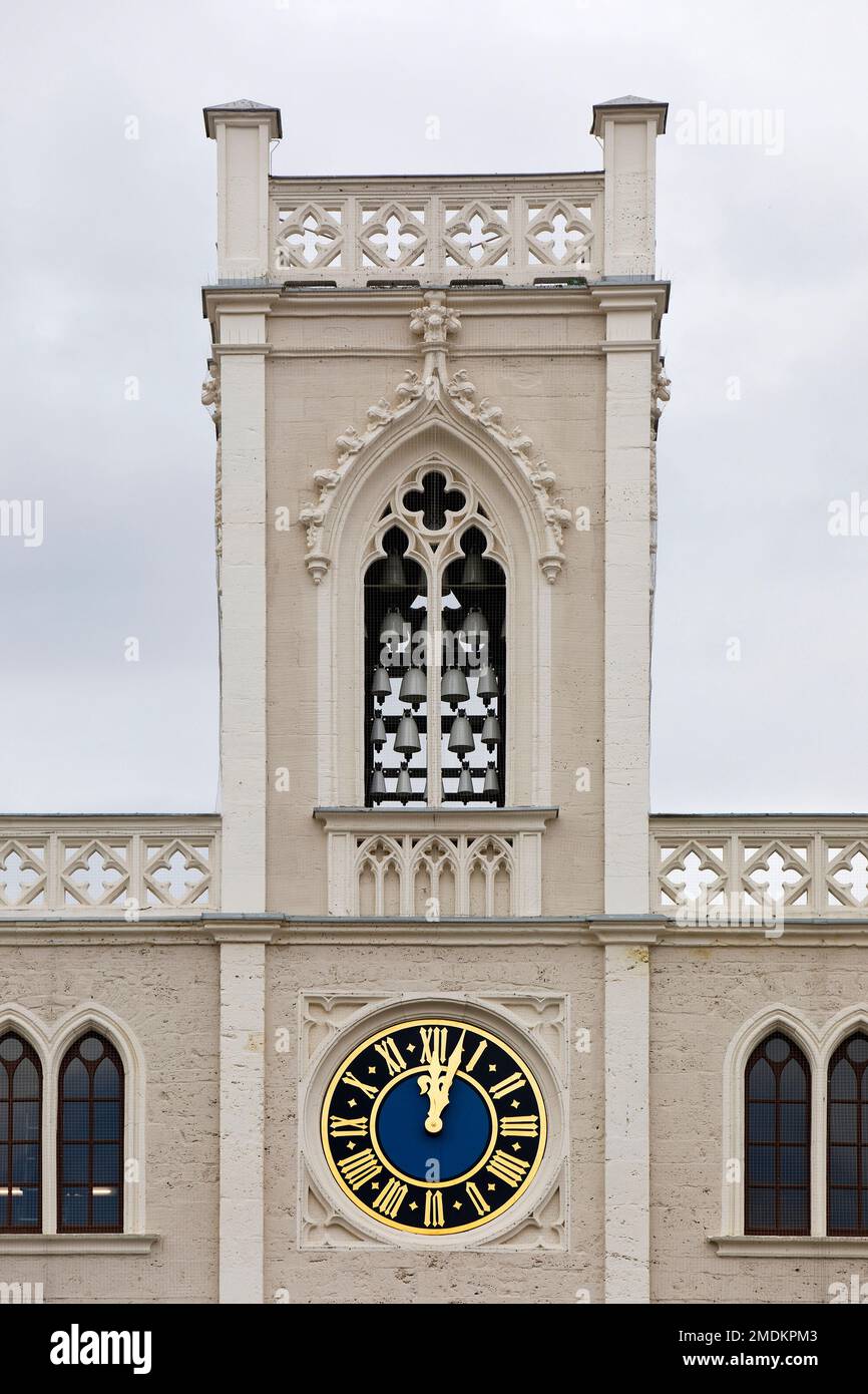 Municipio torre con carillon e grande torre orologio, Weimar municipio in stile neogotico, Germania, Thueringen, Weimar Foto Stock