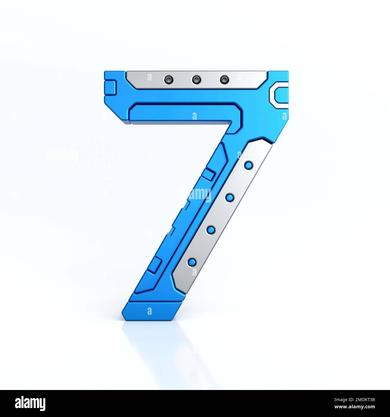 Logo sci-fi numero sette 3D. Carattere alfabetico astratto della texture della Cyber Technology. Illustrazione del carattere tipografico numero 7 metallizzato Hi tech, blu Foto Stock