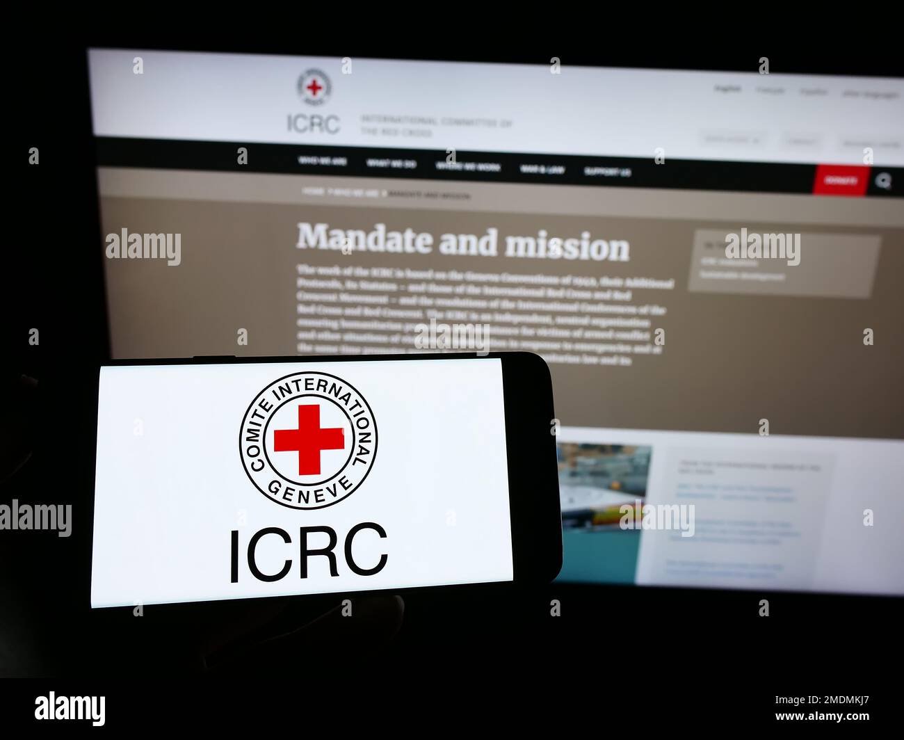 Persona che tiene uno smartphone con il logo del Comitato Internazionale della Croce Rossa (CICR) sullo schermo di fronte al sito Web. Messa a fuoco sul display del telefono. Foto Stock