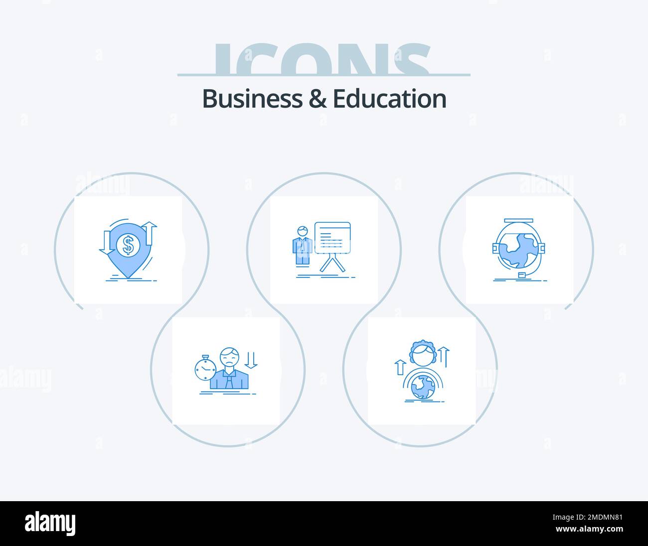 Business and Education Blue Icon Pack 5 Icon Design. uomo d'affari. trasferimento. globale. finanza. finanziario Illustrazione Vettoriale