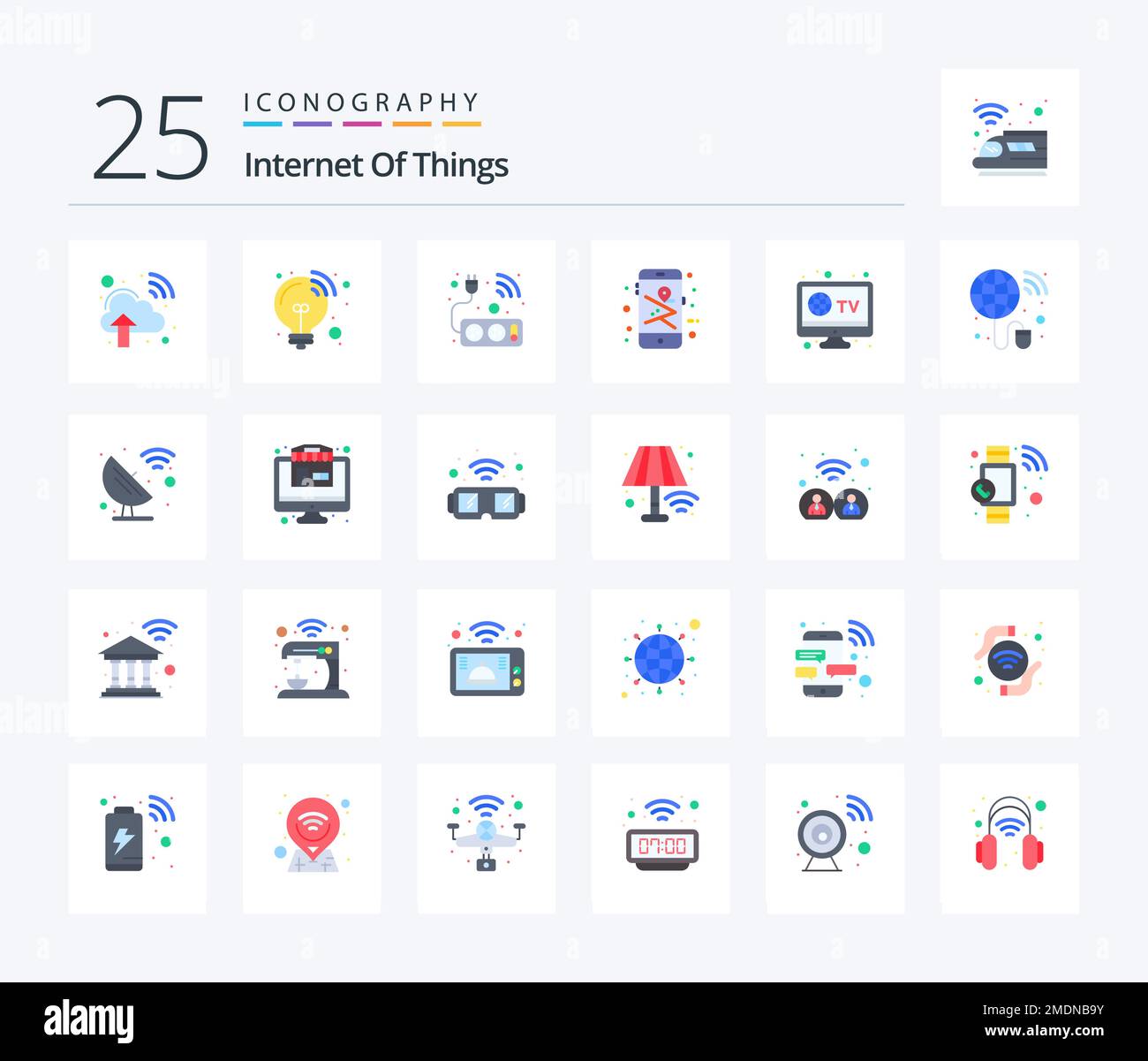 Internet of Things 25 Flat Color pacchetto icone globale incluso. televisione. tecnologia. intelligente. telefono Illustrazione Vettoriale
