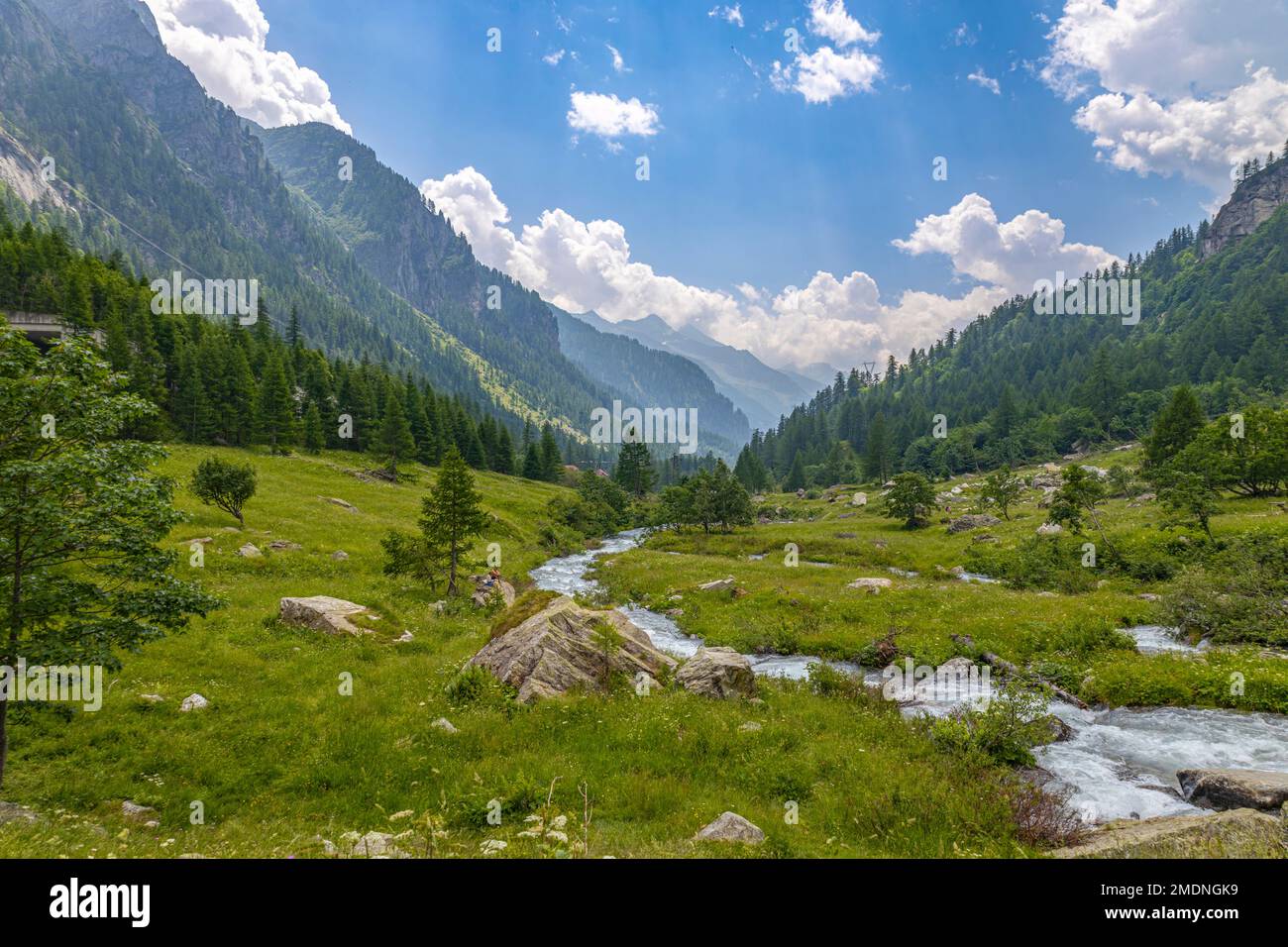 Vista sulla valle del fiume Toce, in Valle Formazza, provincia di Verbano-Cusio-Ossola, Piemonte, Italia Foto Stock