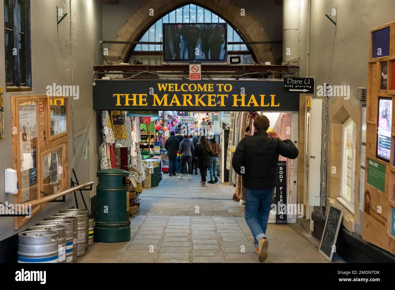Ingresso al Market Hall - uno spazio per le piccole imprese nella città di Durham, Regno Unito, per il commercio. Foto Stock