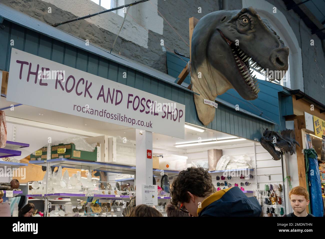 Le persone che acquistano per i regali a tema geologico al Rock and Fossil Shop nel Market Hall nella città di Durham, Regno Unito. Foto Stock