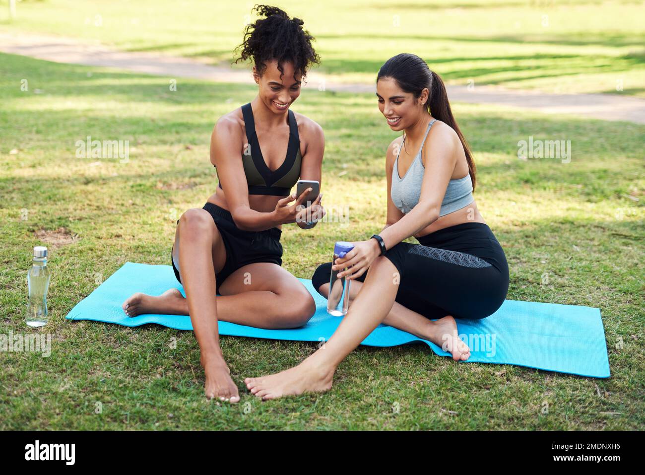 Questo sembra un bel filtro. Scatto a tutta lunghezza di due giovani donne sedendo accanto l'una all'altra mentre si usa un cellulare nel parco. Foto Stock