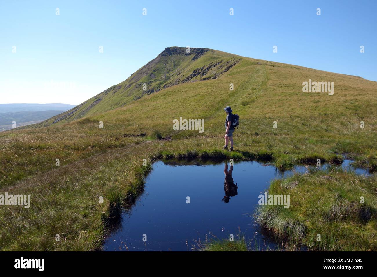 Riflessione dell'uomo a piedi da un laghetto sul Ridge Path al Nab su 'Wild Boar Fell' da High Dolphinsty nella Eden Valley, Yorkshire Dales. REGNO UNITO. Foto Stock