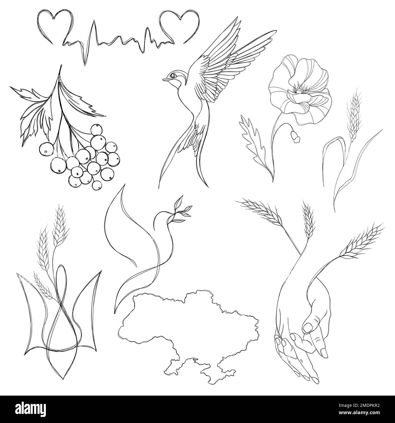 Grande set di illustrazioni patriottiche di line art. Fermare la guerra in Ucraina Foto Stock