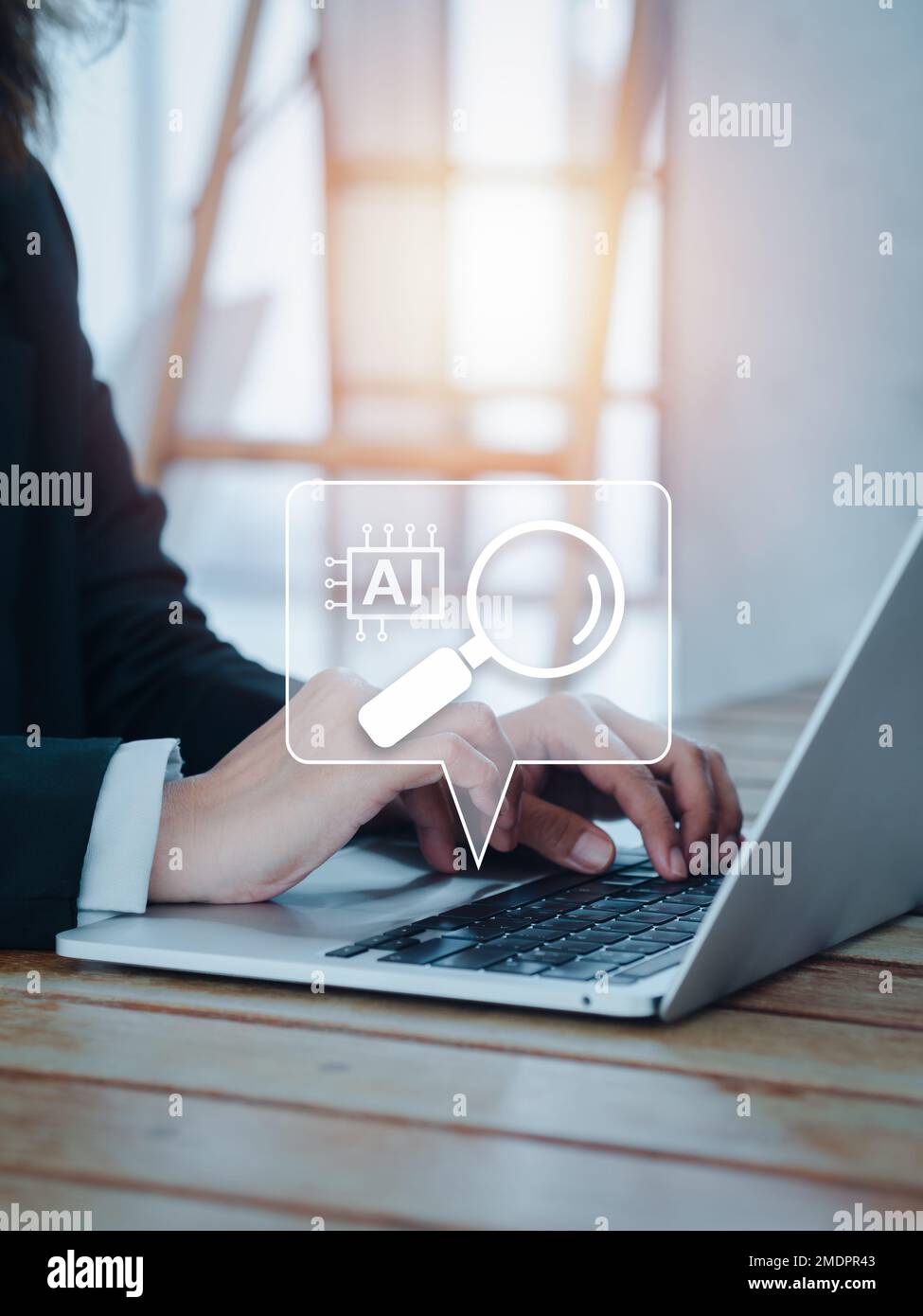 Concetto di ricerca ai. Ottimizzazione della ricerca dei dati mediante tecnologia di intelligenza artificiale. Lente d'ingrandimento e icone ai nel linguaggio buble appaiono mentre busin Foto Stock