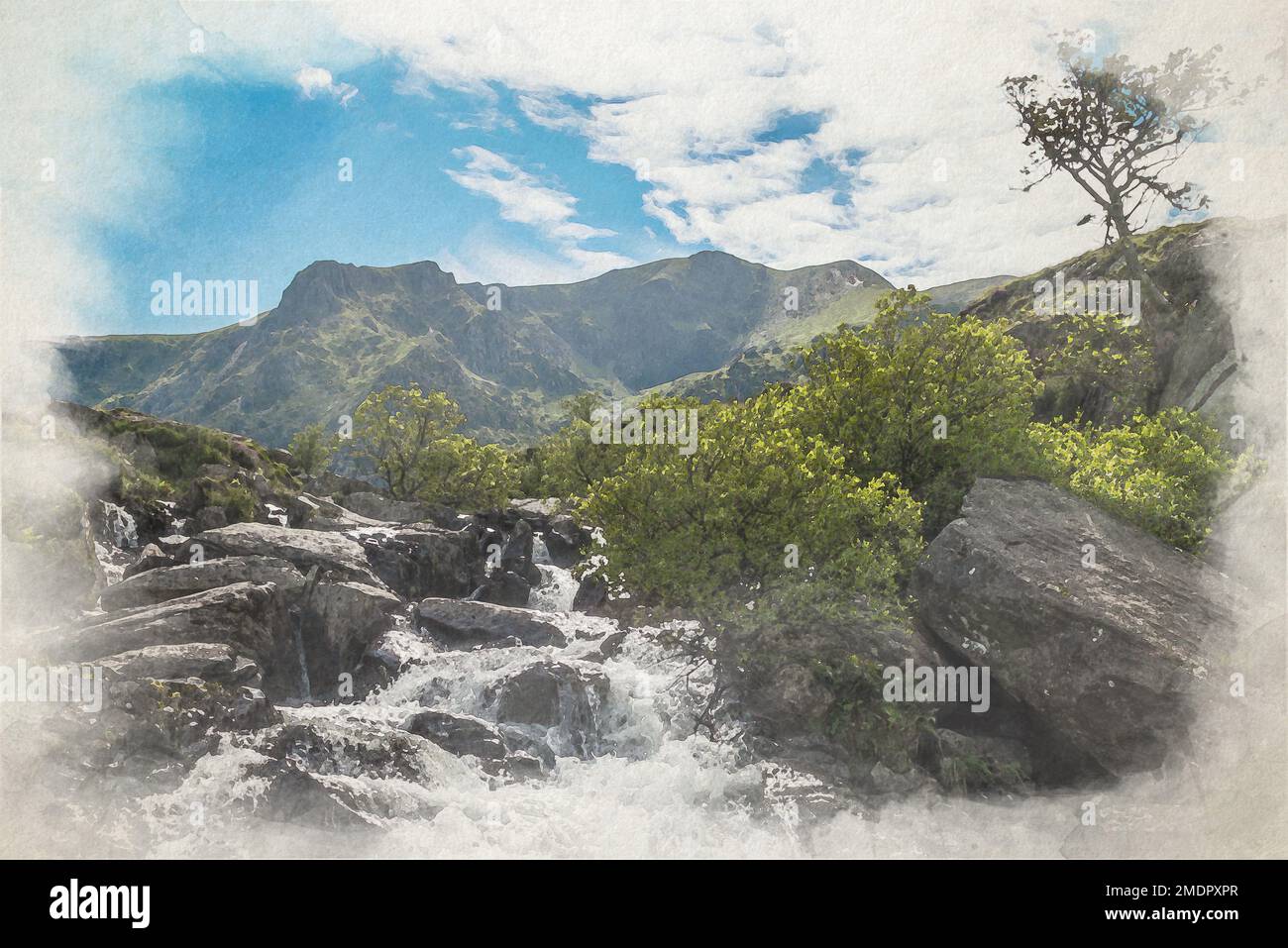 Llyn idwal pittura digitale acquerello di una cascata che corre lungo la montagna a CWM Idwal, Nant Ffrancon valle, Galles, Regno Unito. Foto Stock