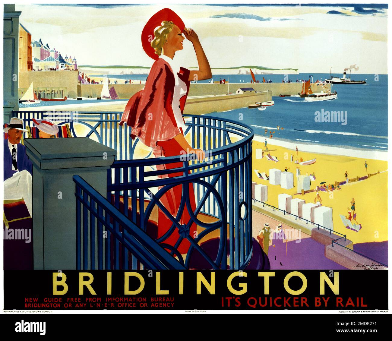 Bridlington. È più veloce in treno di Andrew Johnson (1893-1973). Poster pubblicato nel 1928 nel Regno Unito. Foto Stock