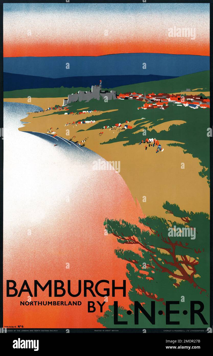 Robin Hood’s Bay Bamburgh Northumberland di L.N.E.R. di Tom Purvis (1888-1959). Poster pubblicato nel 1930 nel Regno Unito. Foto Stock