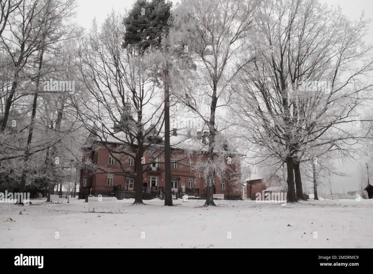 Fotografa in un'antica fabbrica, le pareti dell'arte Graffiti, i vecchi edifici industriali e il clima invernale gelido. Neve a terra Foto Stock