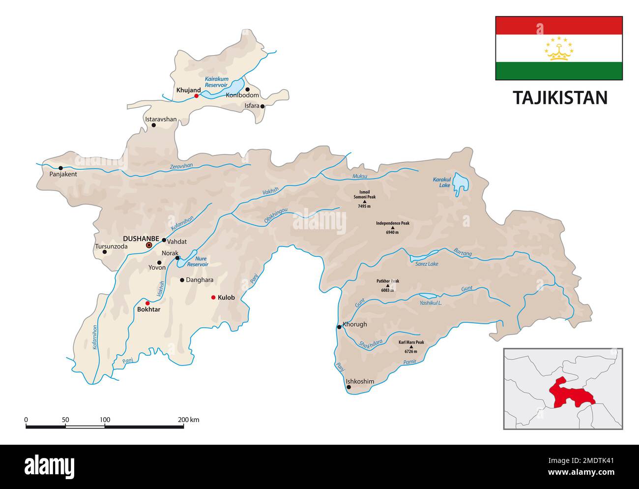 Mappa vettoriale fisica dello stato dell'Asia centrale del Tagikistan con bandiera Foto Stock