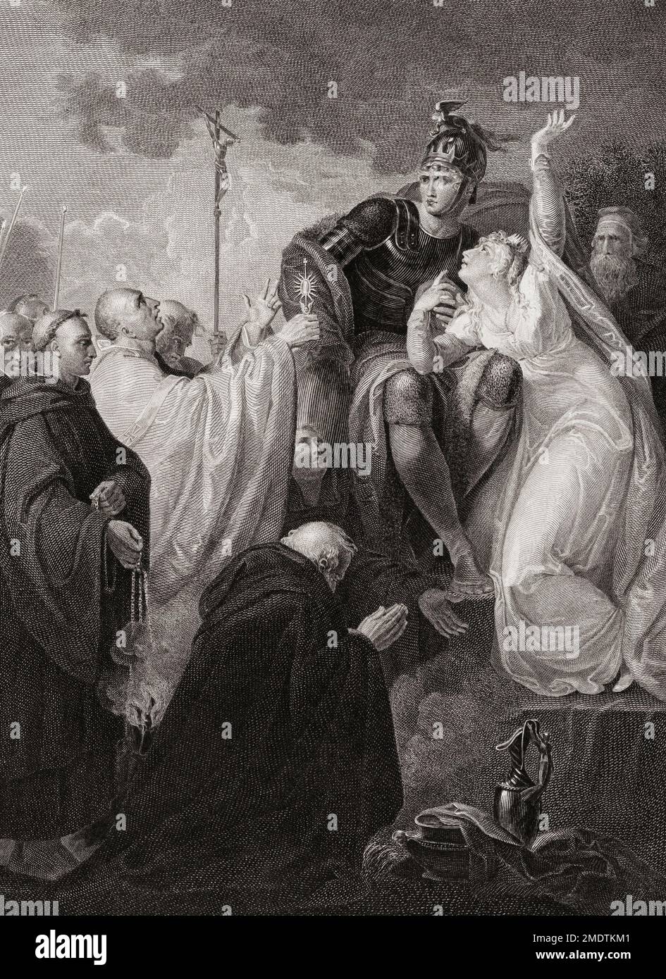 Sant'Agostino di Canterbury parla con Aethelberht, re del Kent e con la sua regina, Bertha del Kent. Il loro incontro portò il Re a convertirsi al Cristianesimo. Dopo una stampa originariamente apparsa nella Robert Bowyer's Historic Gallery, pubblicata tra il 1793 e il 1806. Foto Stock