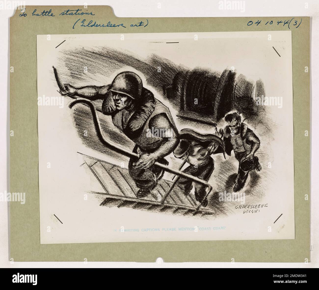 L'illustrazione dell'artista di combattimento della Guardia Costiera Jack B. Gildersleeve raffigura gli uomini della Guardia Costiera a bordo di un trasporto d'assalto che si prepara alla battaglia nel Pacifico meridionale durante la seconda guerra mondiale. La scena cattura l'urgenza e la determinazione degli uomini pronti a combattere. Foto Stock