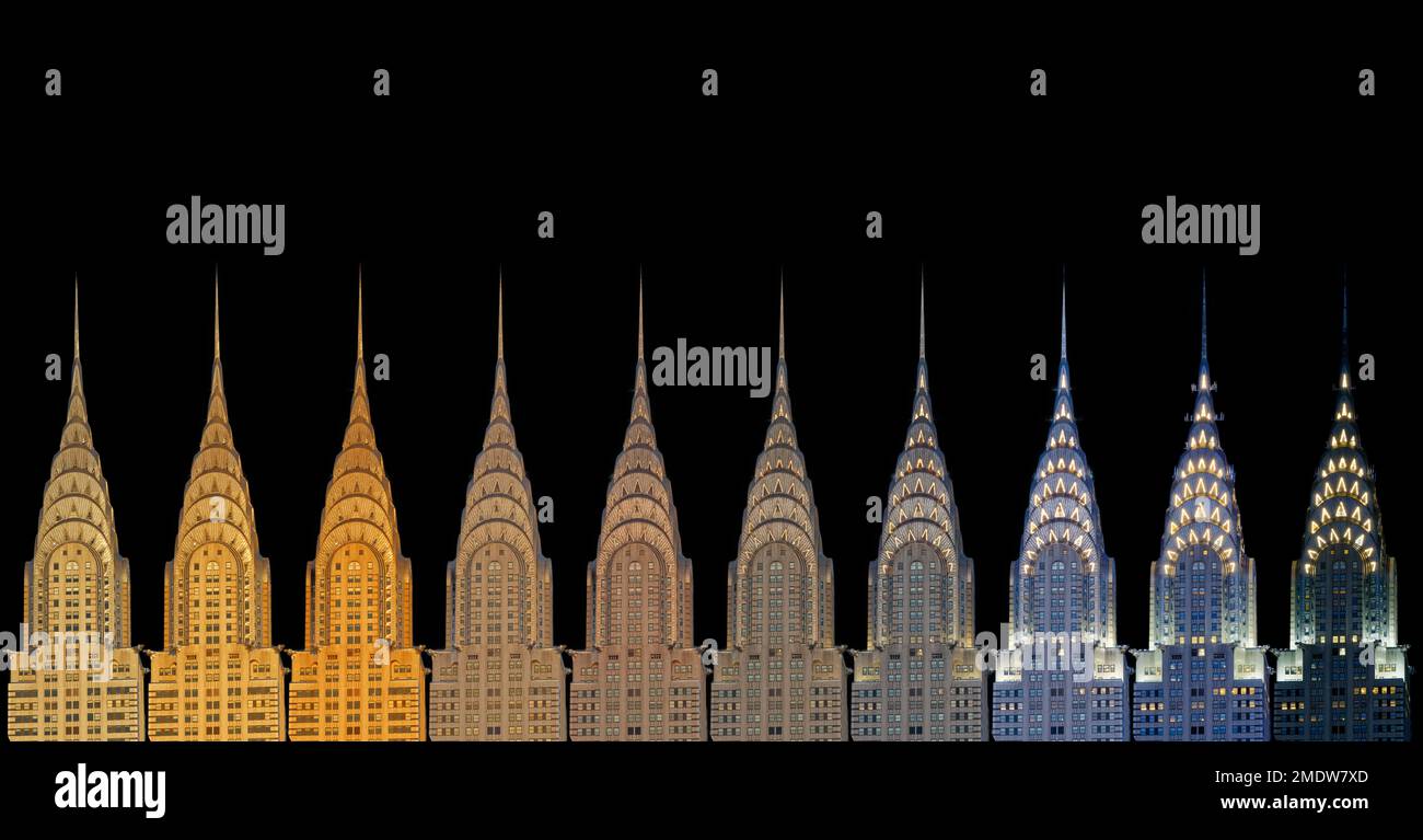 Chrysler Building West (Lexington Ave.) facciata, 7:40-8:54pm, 25 luglio 2015 da nord (W42nd St.) gradini della Biblioteca pubblica di NY - pre-one Vanderbilt. Foto Stock