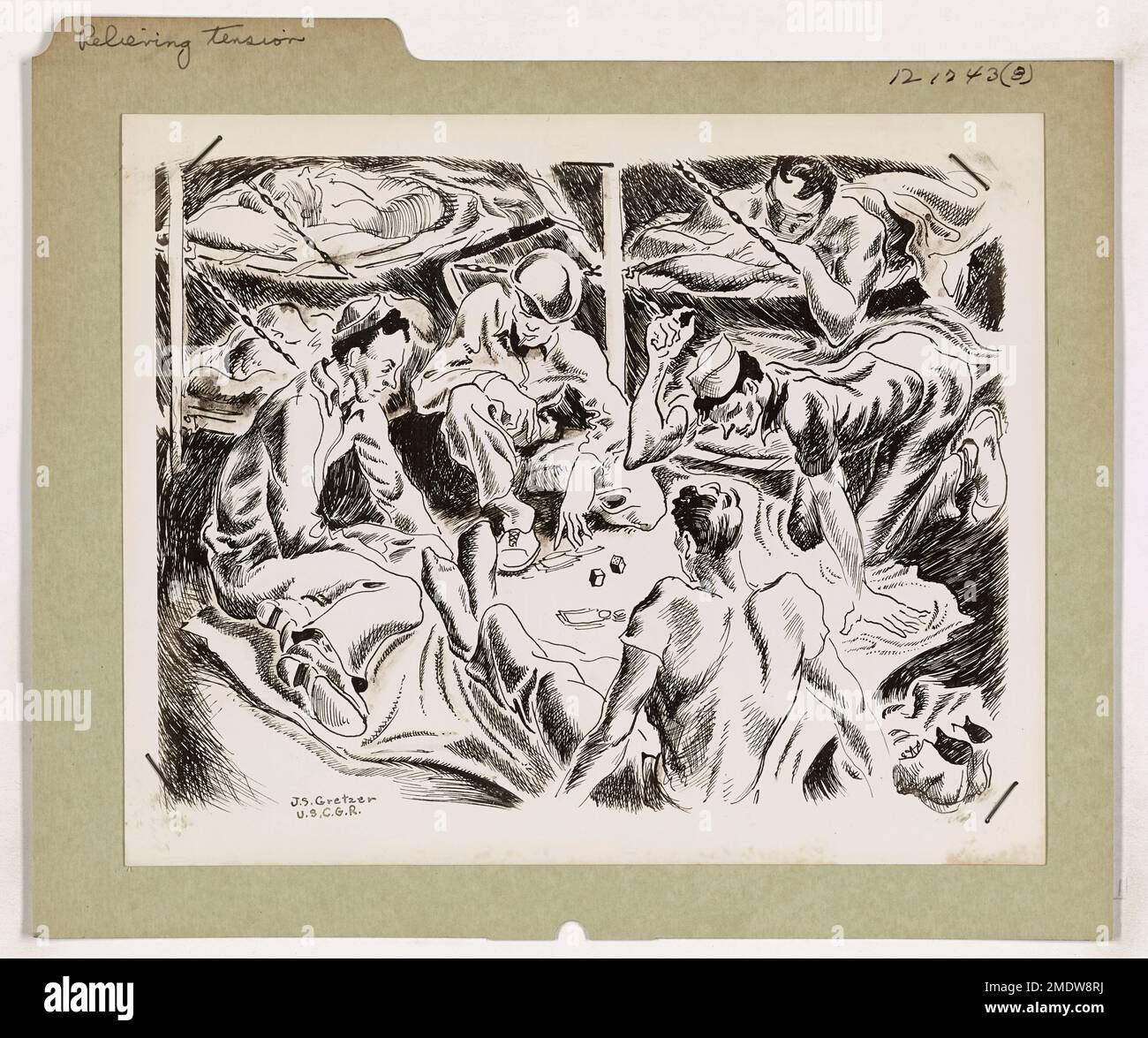 Un'opera d'arte dell'artista di combattimento della Guardia Costiera John S. Gretzer raffigurante il personale americano che si rilassava prima di un'invasione del Mediterraneo. Il pezzo cattura il lato umano della vita militare, fornendo un breve momento di calma prima dello stress della guerra e della battaglia. Foto Stock