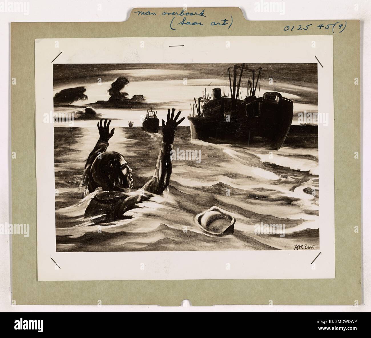 Questo dipinto dell'artista di combattimento della Guardia Costiera Richard W. Saar raffigura un marinaio caduto nel Golfo di Lingayen prima dell'invasione di Luzon. L'opera d'arte cattura l'urgenza e il pericolo della situazione, mentre l'equipaggio lavora per salvare l'uomo dalle acque. Foto Stock
