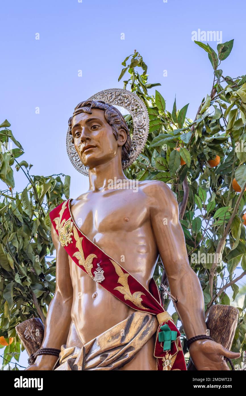 Particolare del Patrono San Sebastiano (San Sebastiano) in processione per le strade della città di Huelva Foto Stock