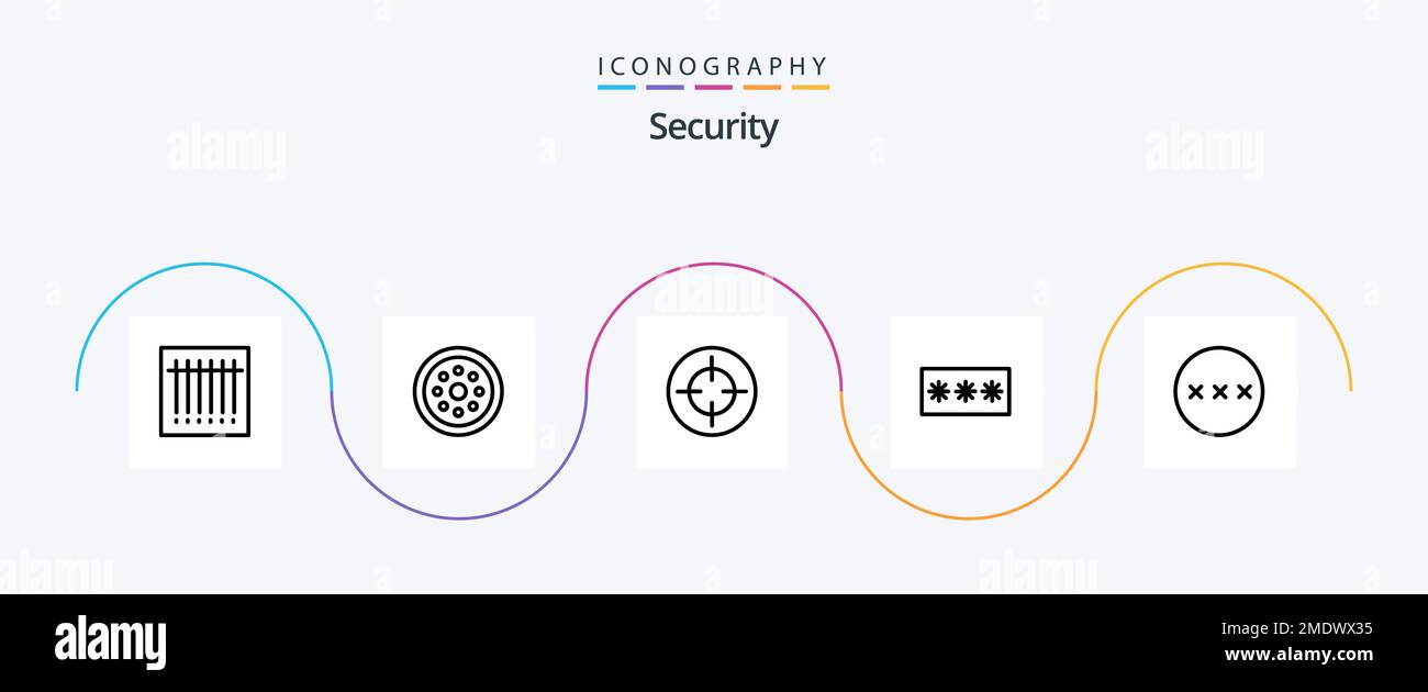 Pacchetto icone Security Line 5 con password. password. mirino. chiave di accesso. codice Illustrazione Vettoriale