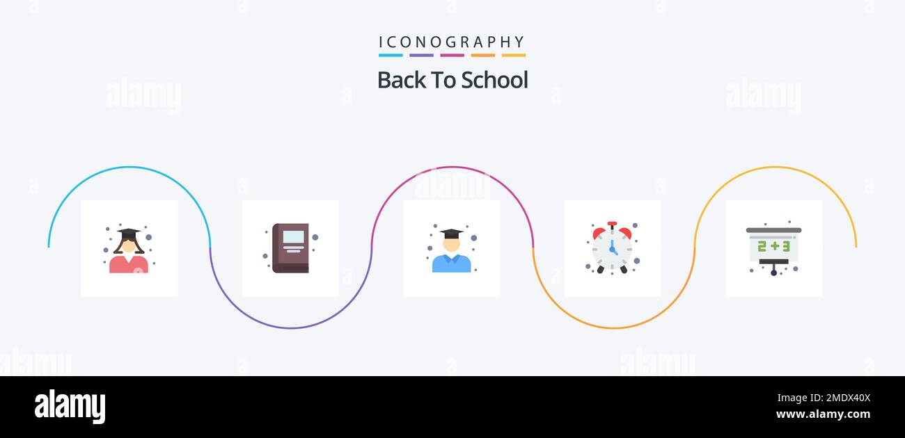 Pacchetto icone Back to School Flat 5 con formazione inclusa. orologio. istruzione. cronometro. allarme Illustrazione Vettoriale