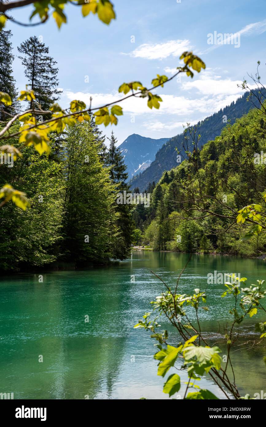 Vista sul fiume Archbach, leggermente smorzato, turchese e scintillante in una splendida giornata di sole, Reutte, Austria Foto Stock